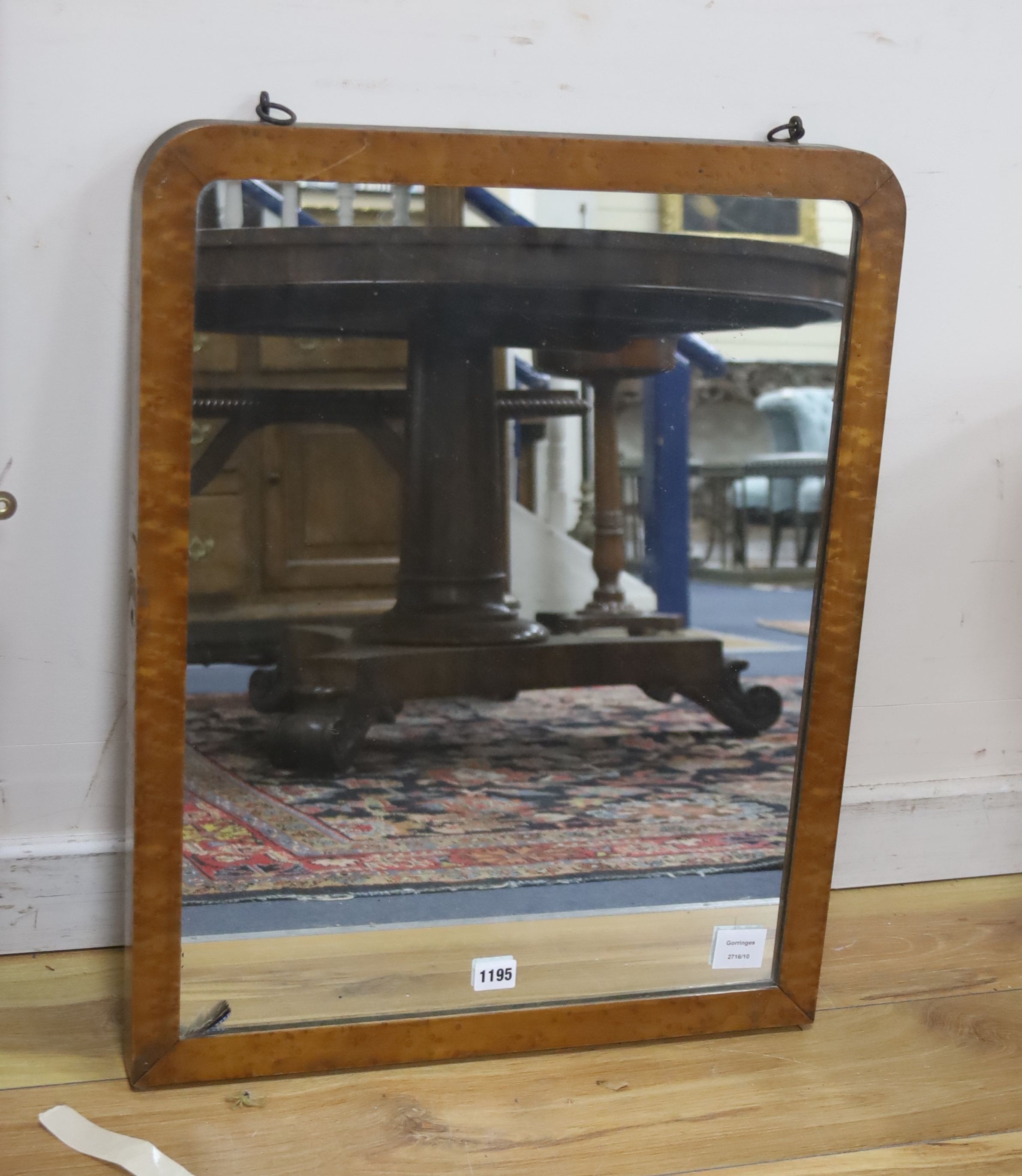 A Victorian bird’s eye maple framed wall mirror (ex dressing table), width 52cm, height 65cm